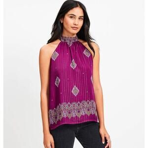 LOFT New Shimmer Halter Blouse Plum Purple Boho High Neck Sleeveless Top Small
